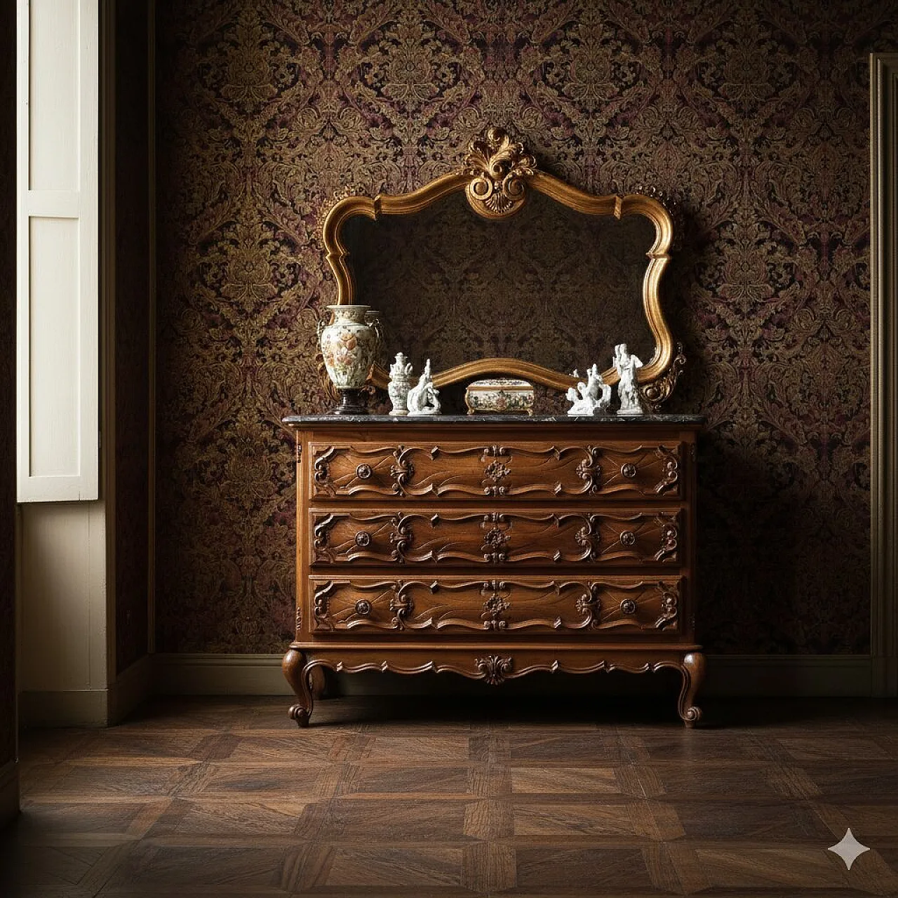 Cassettone in noce, faggio e marmo in stile barocco, primo '900 2