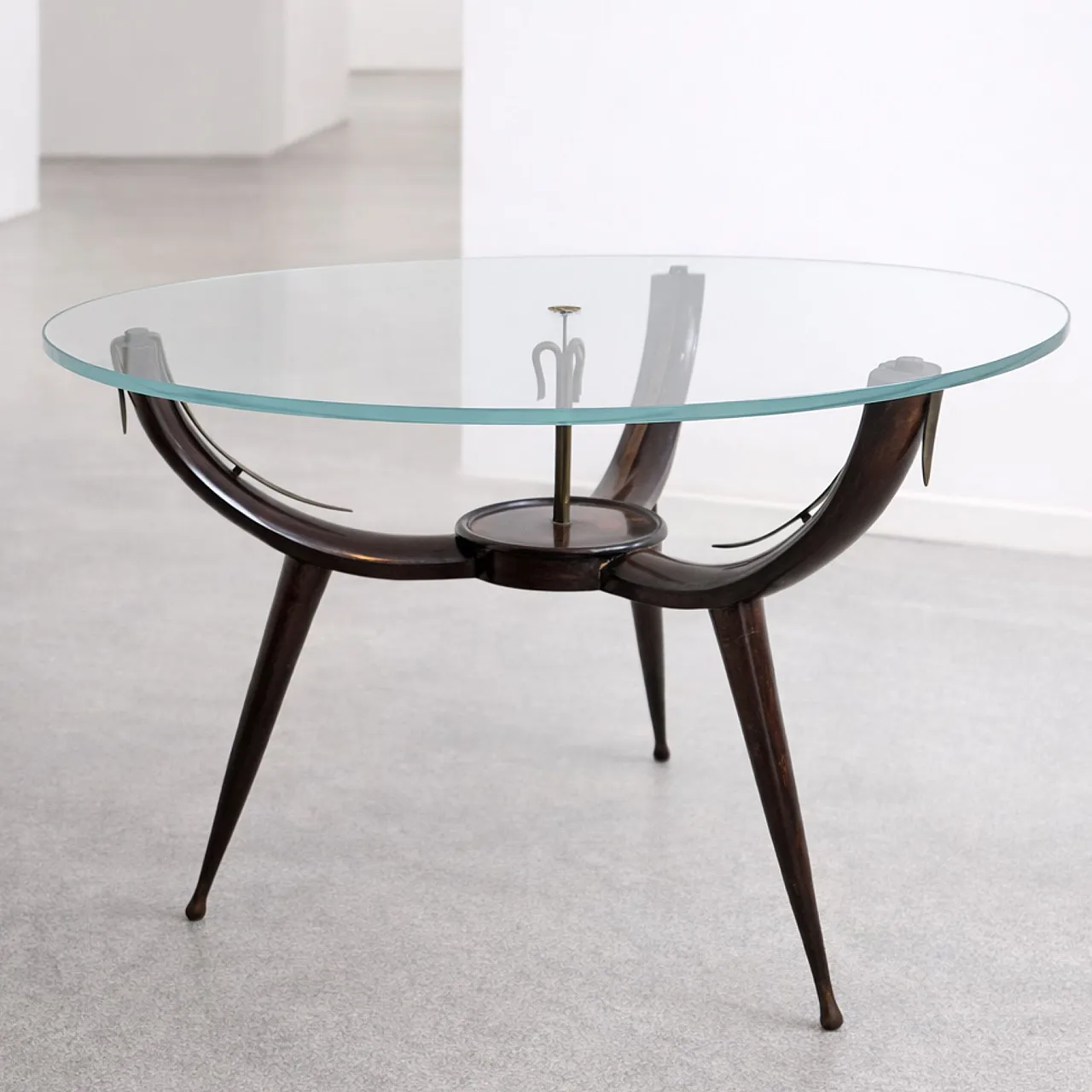 Tavolo da caffè in legno ottone e vetro stile Fontana Arte, anni '50 5