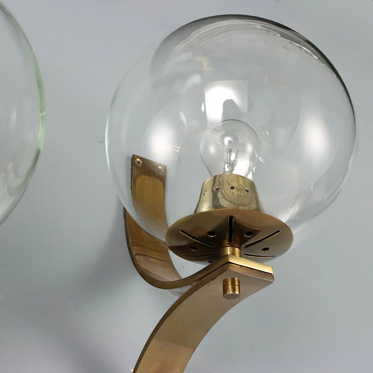 Pair of brass and clear glass wall lamps, 20th century 7