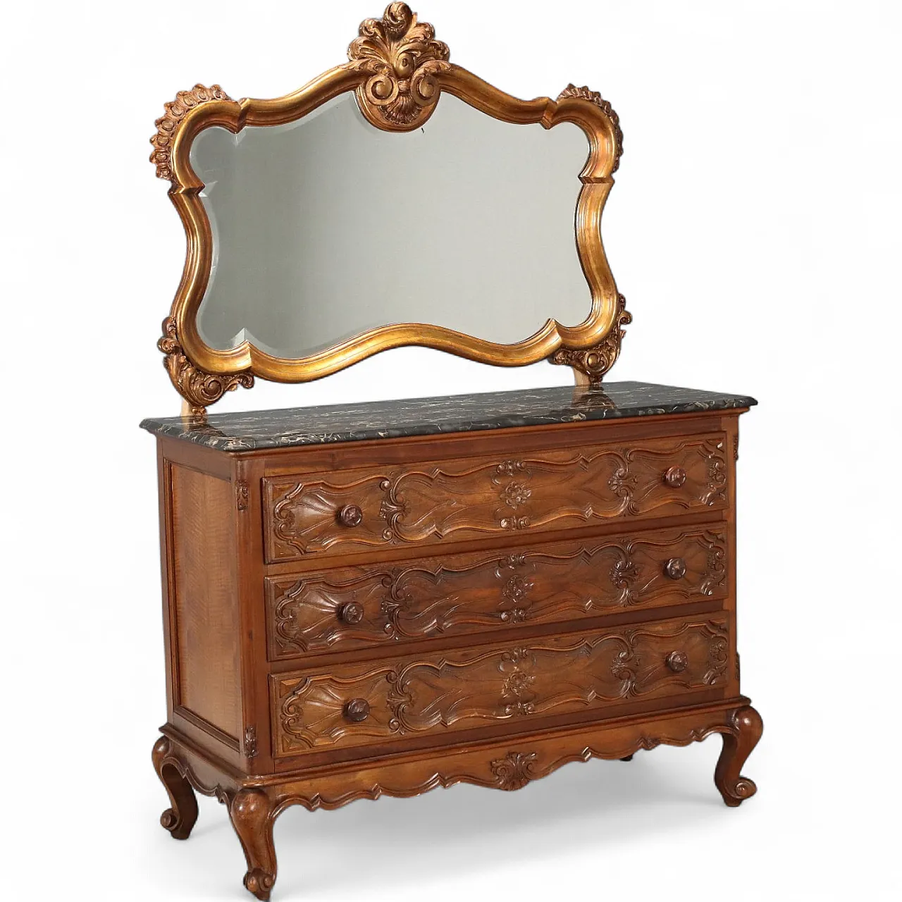 Cassettone in noce, faggio e marmo in stile barocco, primo '900 11