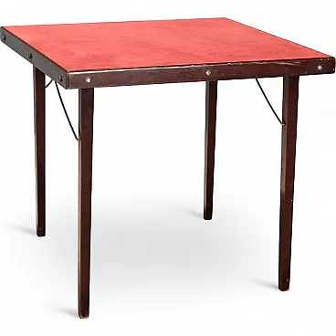 Tavolo pieghevole in legno di faggio tinto e piano in tessuto, '900