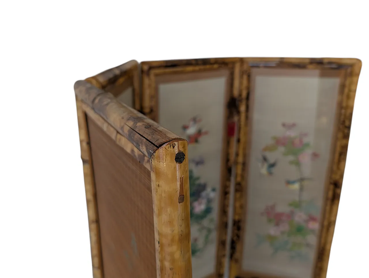 Separè a quattro ante orientale in legno di bambù, anni '50 3