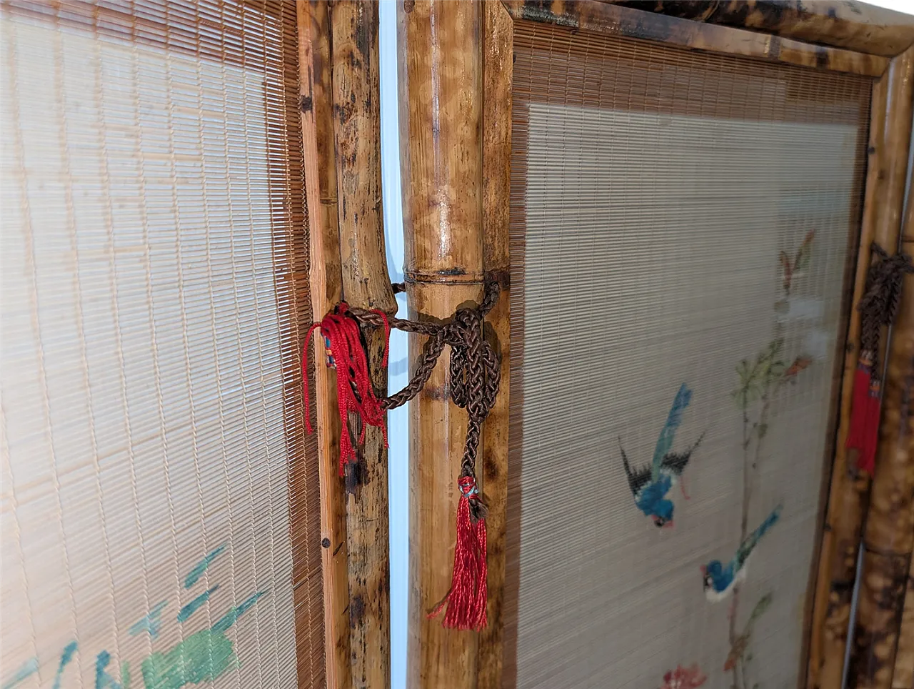 Separè a quattro ante orientale in legno di bambù, anni '50 4