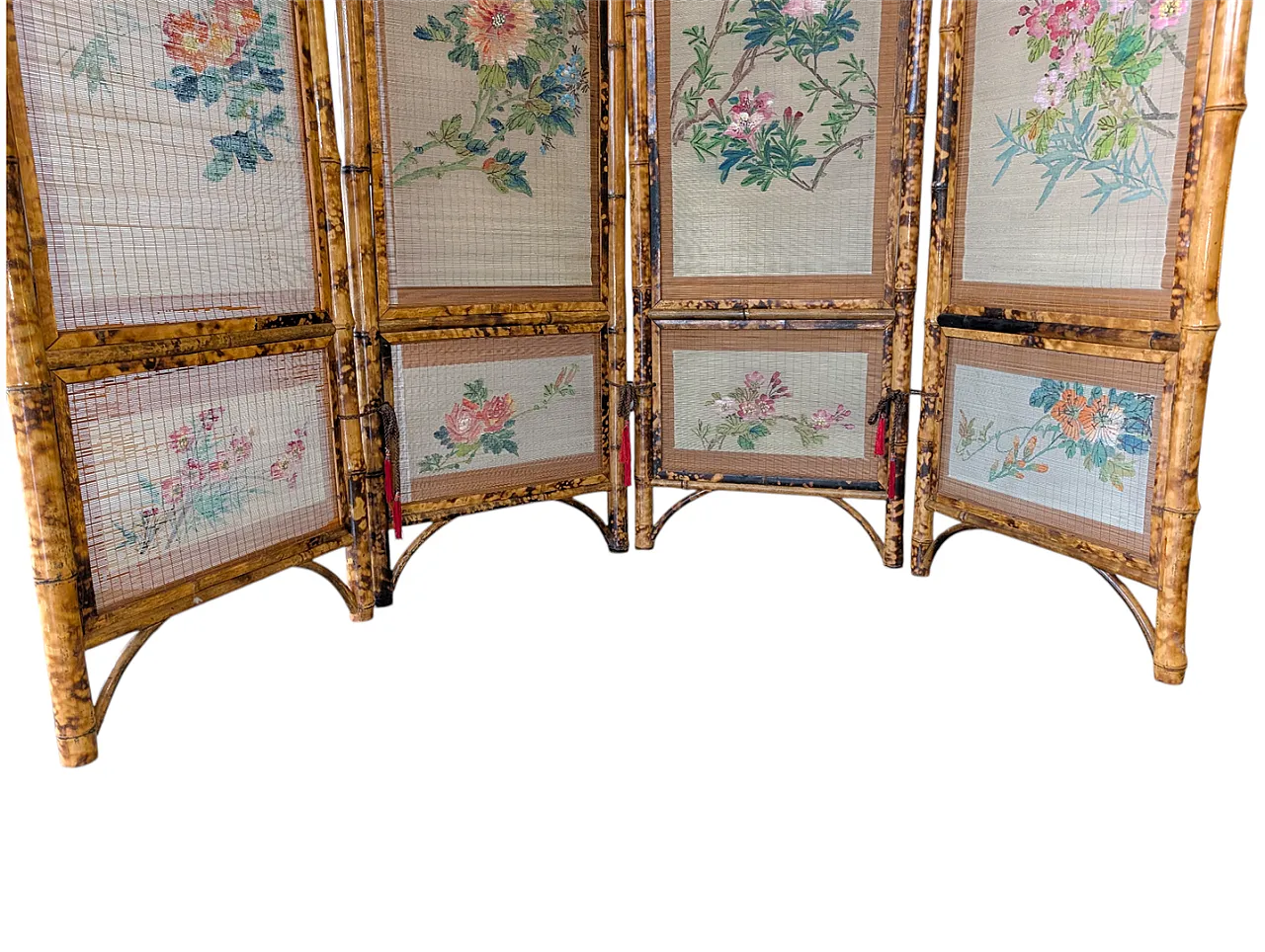 Separè a quattro ante orientale in legno di bambù, anni '50 5