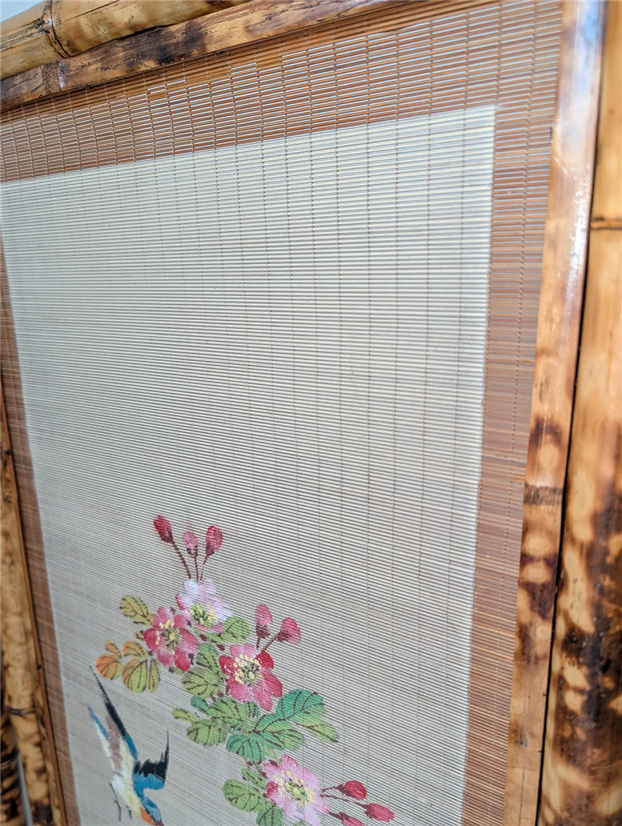 Separè a quattro ante orientale in legno di bambù, anni '50 6