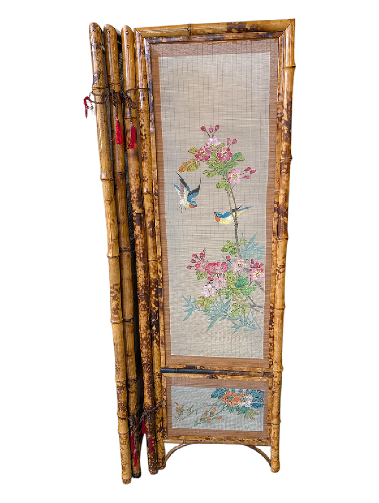 Separè a quattro ante orientale in legno di bambù, anni '50 7