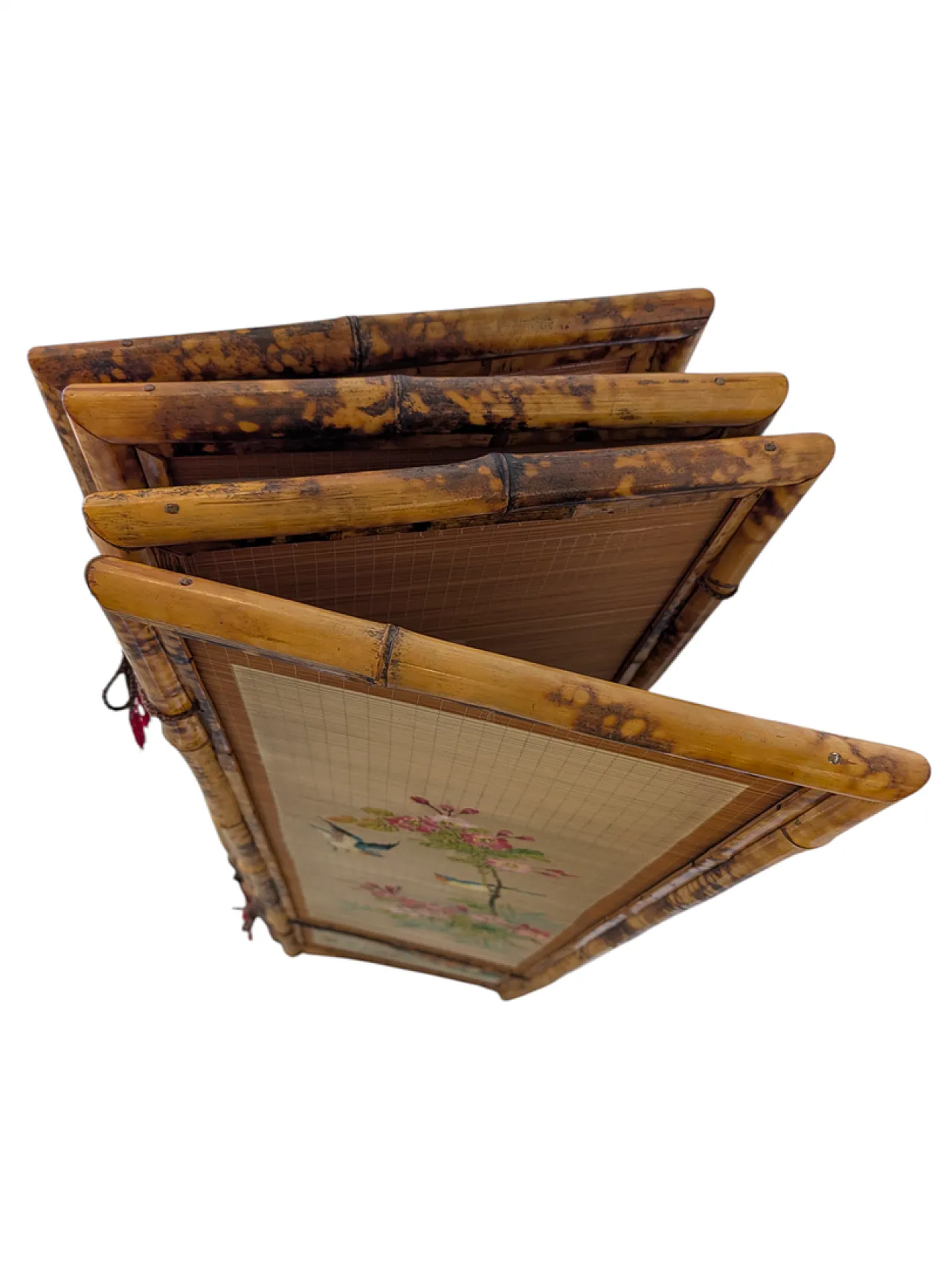 Separè a quattro ante orientale in legno di bambù, anni '50 8