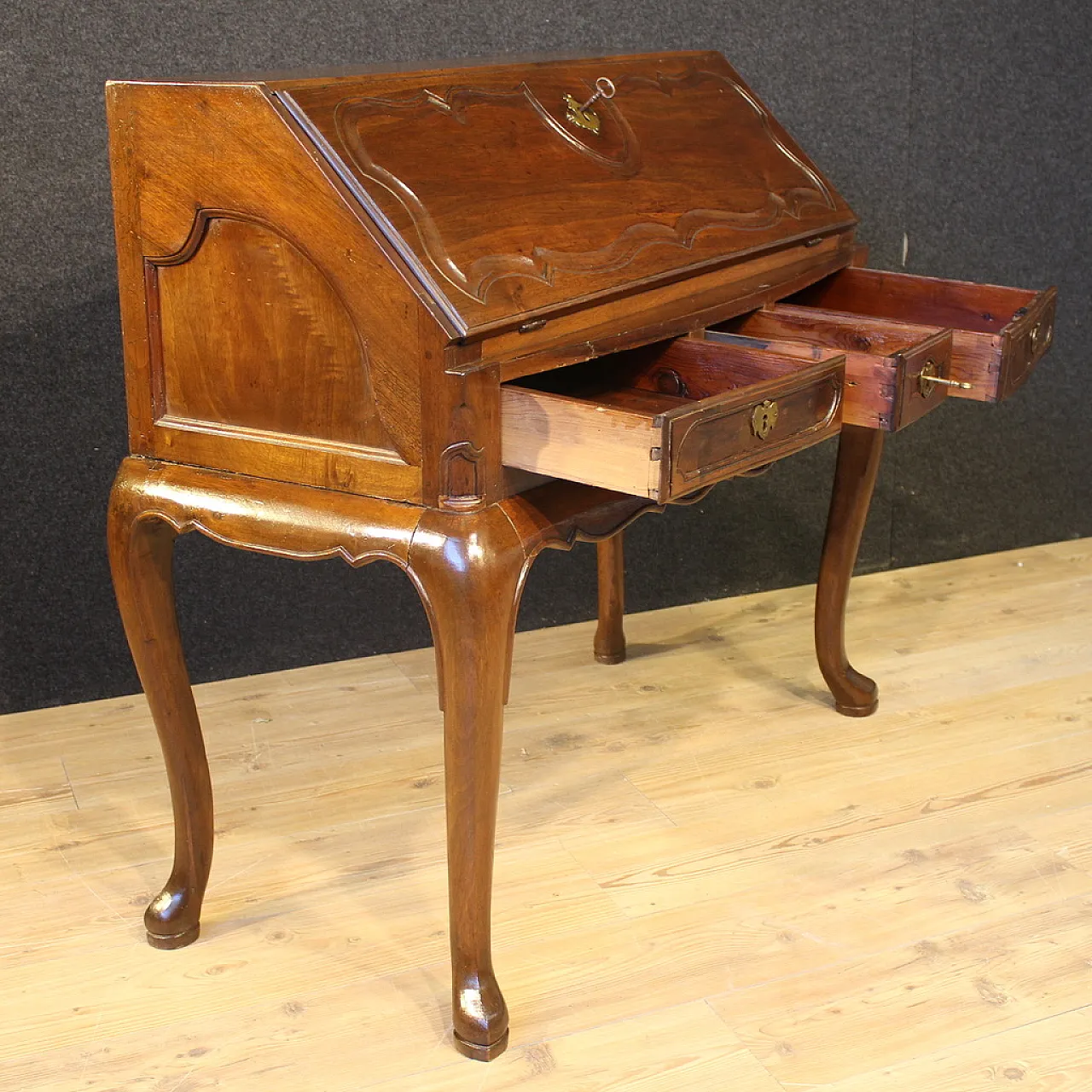 Antique Spanish flap desk in curved wood, mid-19th century 8