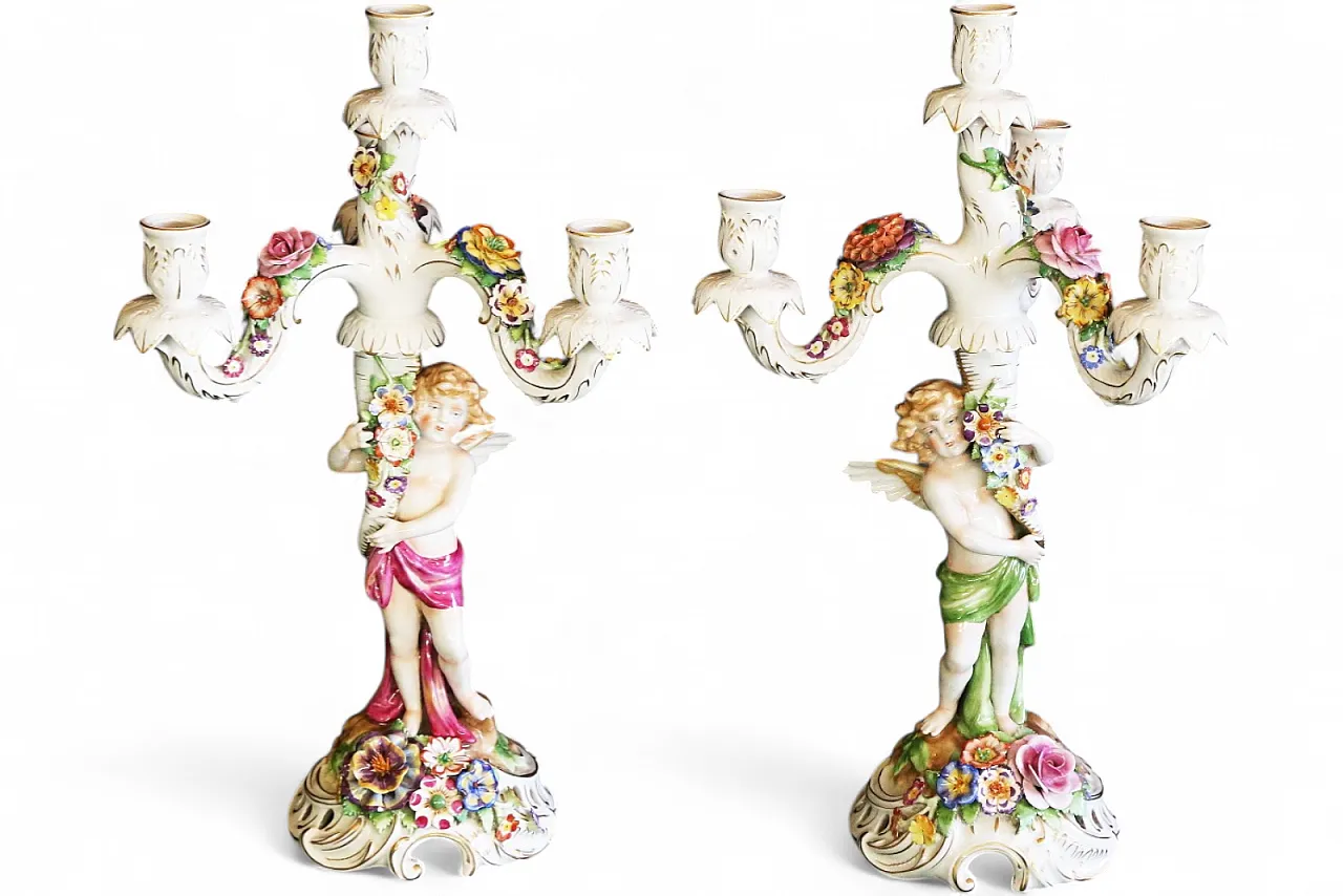 Pair of Capodimonte porcelain cherub candlesticks with 4 angel flames 25