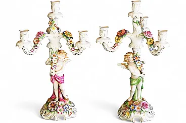 Pair of Capodimonte porcelain cherub candlesticks with 4 angel flames
