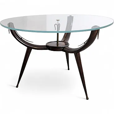 Tavolo da caffè in legno ottone e vetro stile Fontana Arte, anni '50