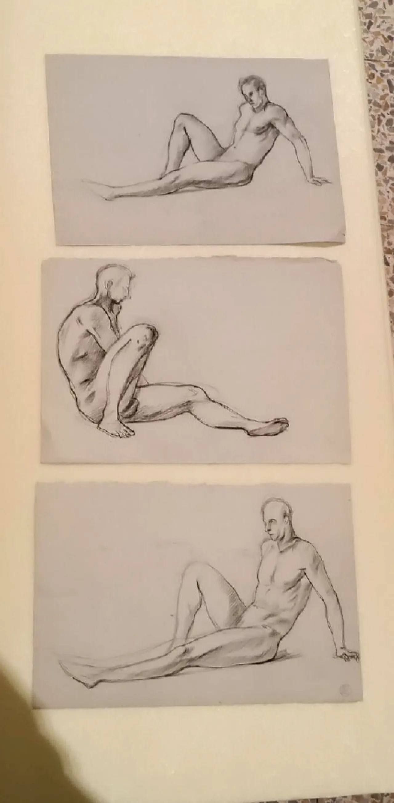 3 Nudi maschili, disegni a matita su carta, '900 1