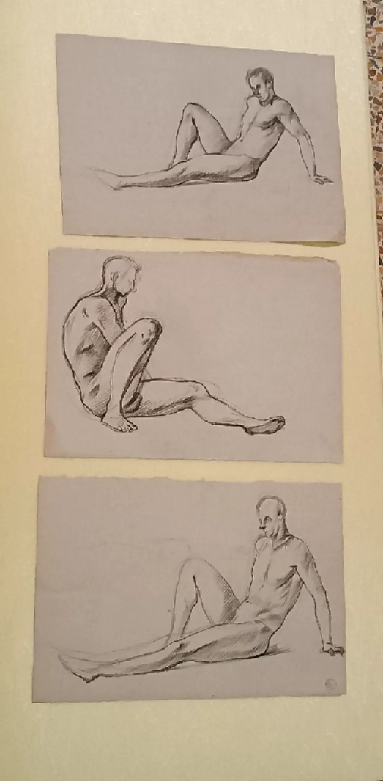 3 Nudi maschili, disegni a matita su carta, '900 2
