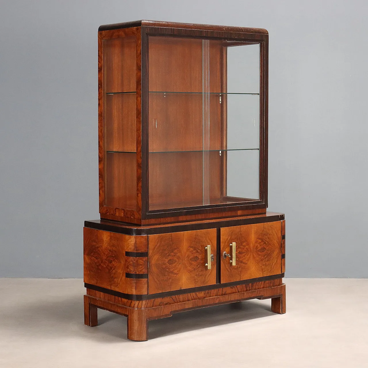 Walnut burl, exotic woods and metal display case, 20th century 1