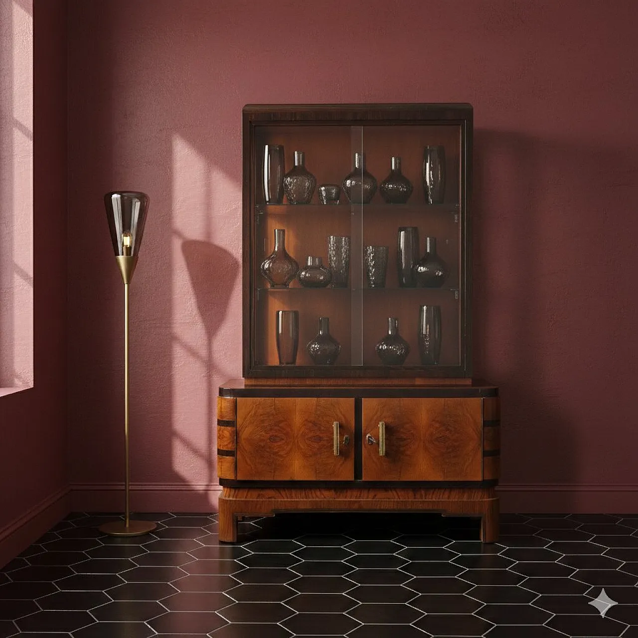 Walnut burl, exotic woods and metal display case, 20th century 2