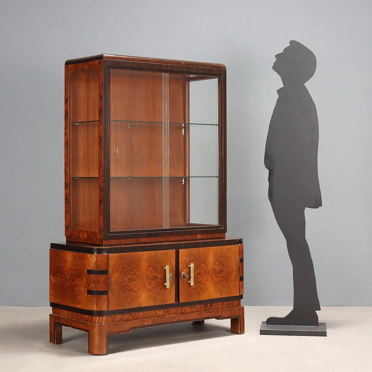 Walnut burl, exotic woods and metal display case, 20th century 3