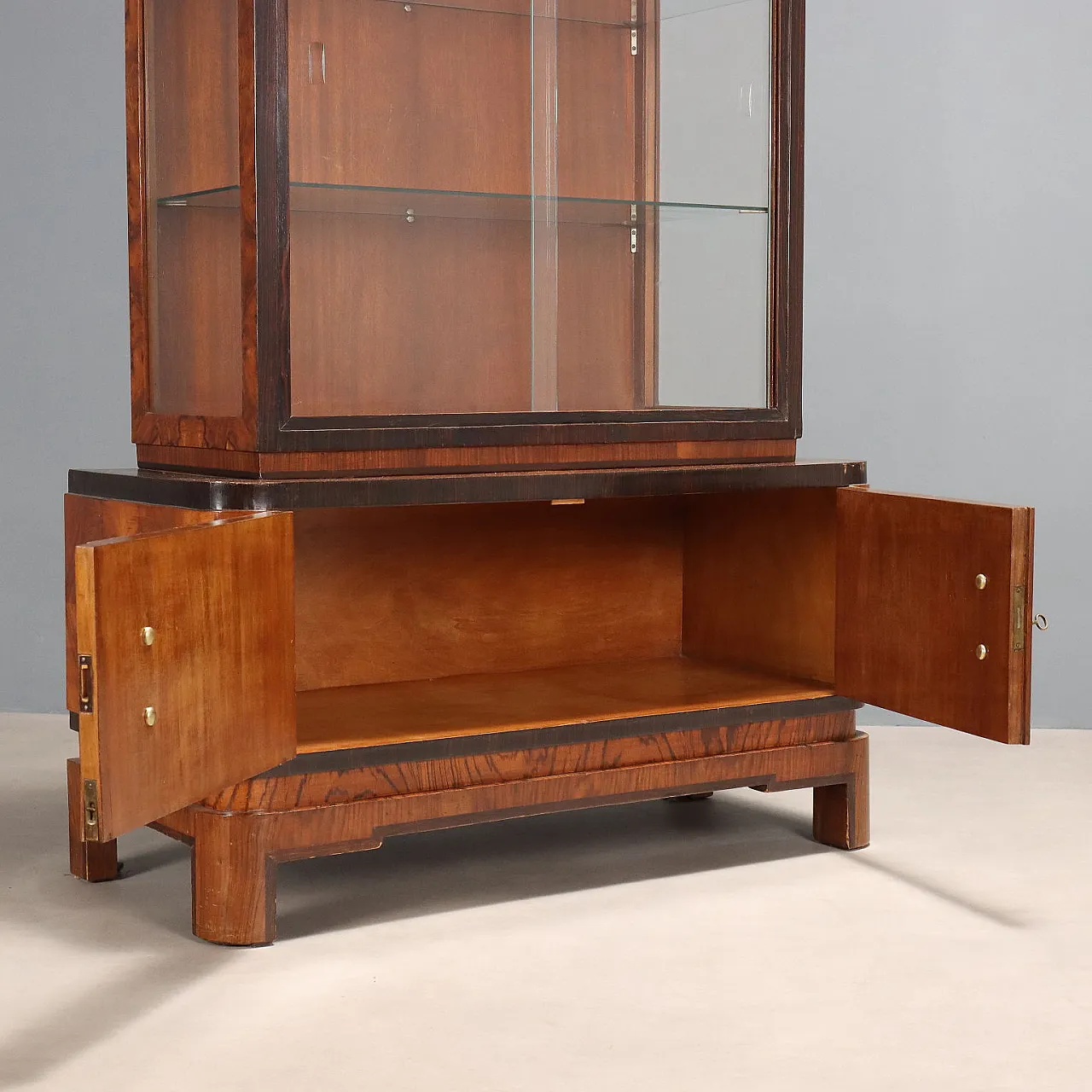 Walnut burl, exotic woods and metal display case, 20th century 4