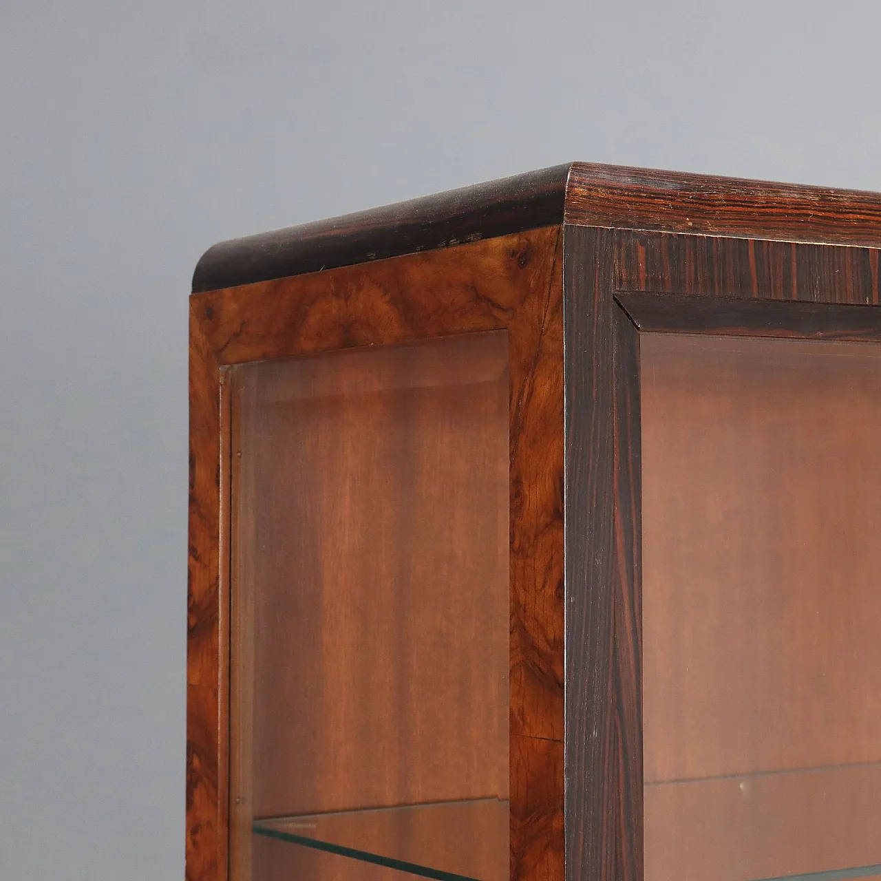 Walnut burl, exotic woods and metal display case, 20th century 5