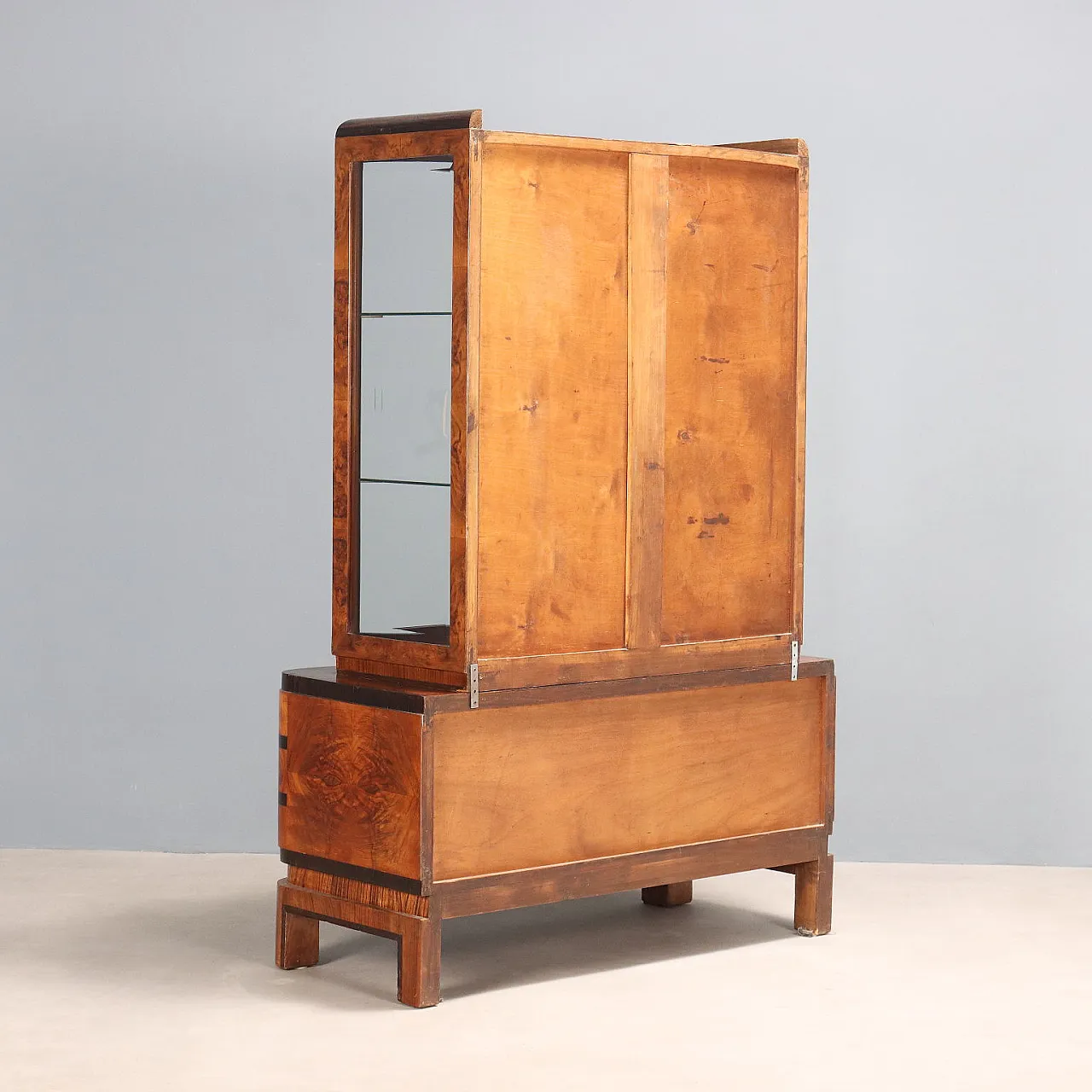 Walnut burl, exotic woods and metal display case, 20th century 10