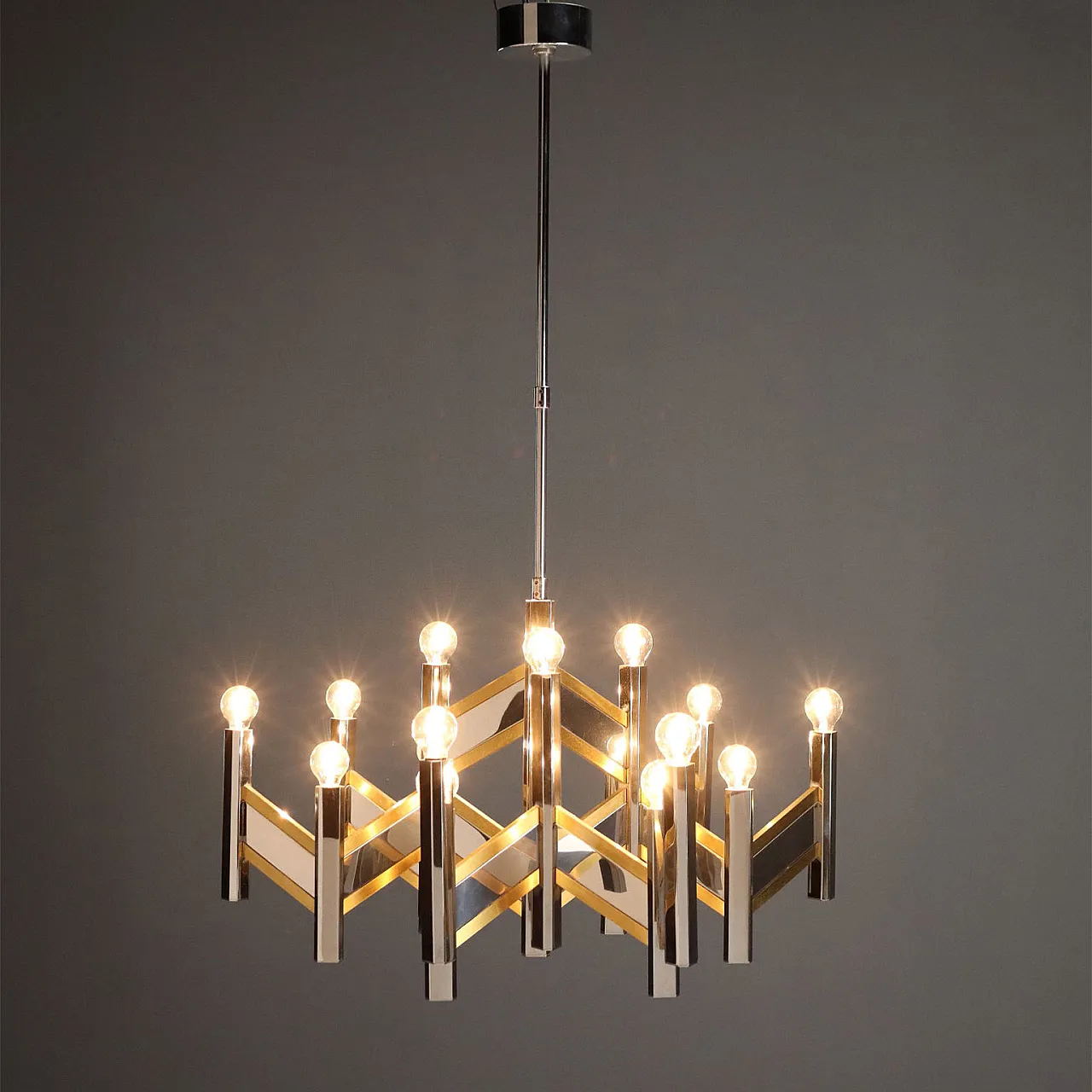 Chandelier in chrome-plated & brass-plated metal frame, 20th century 1