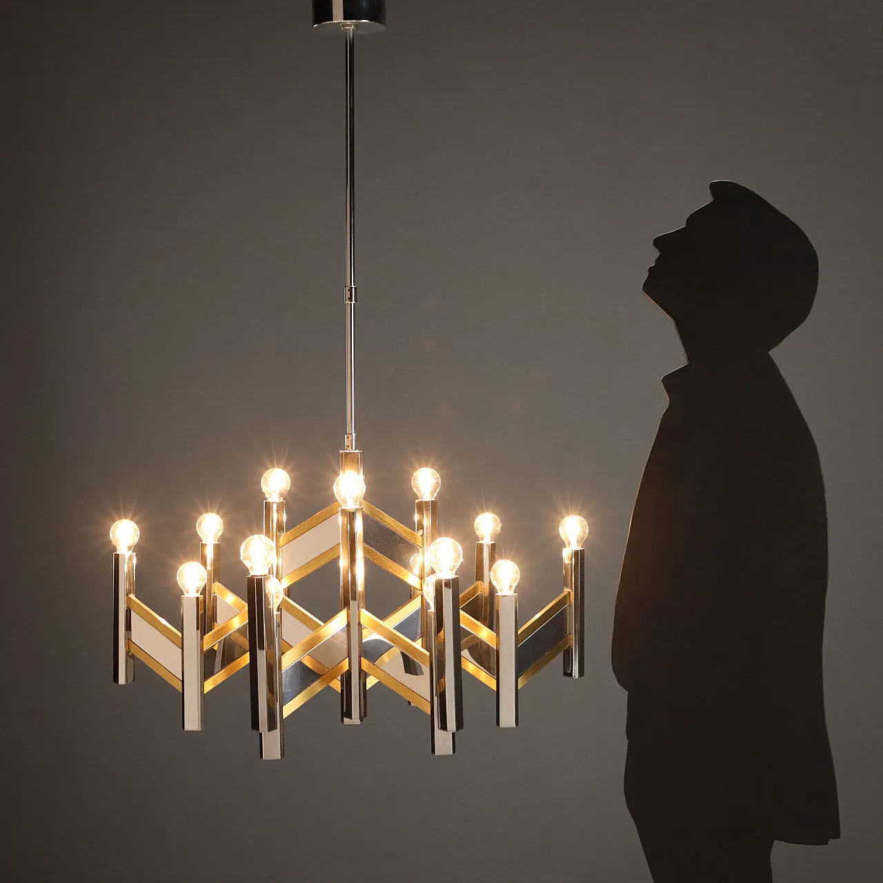 Chandelier in chrome-plated & brass-plated metal frame, 20th century 2