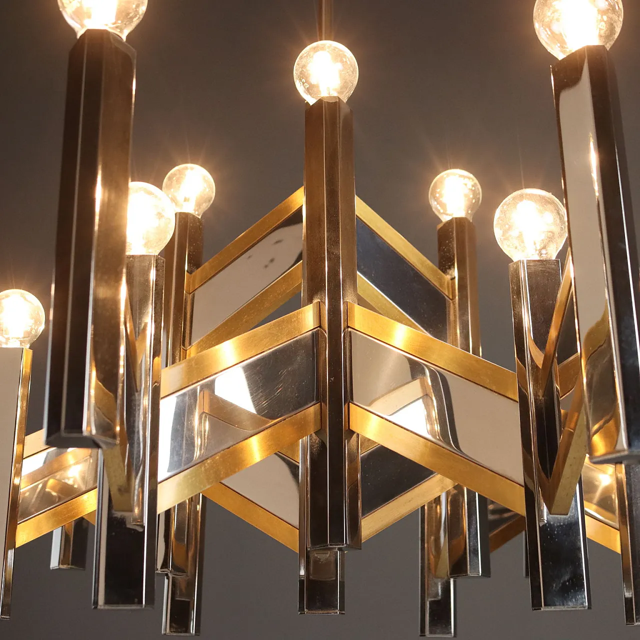 Chandelier in chrome-plated & brass-plated metal frame, 20th century 4