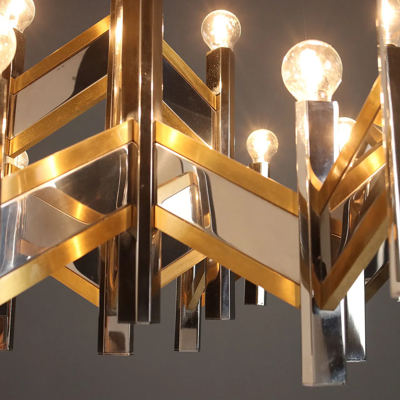 Chandelier in chrome-plated & brass-plated metal frame, 20th century 5