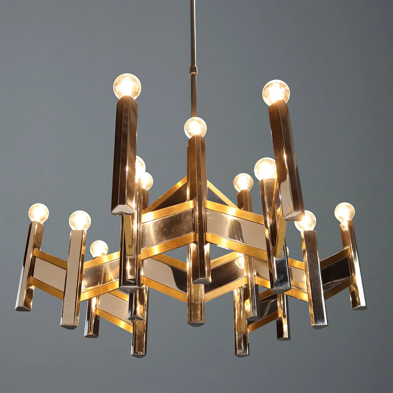 Chandelier in chrome-plated & brass-plated metal frame, 20th century 6