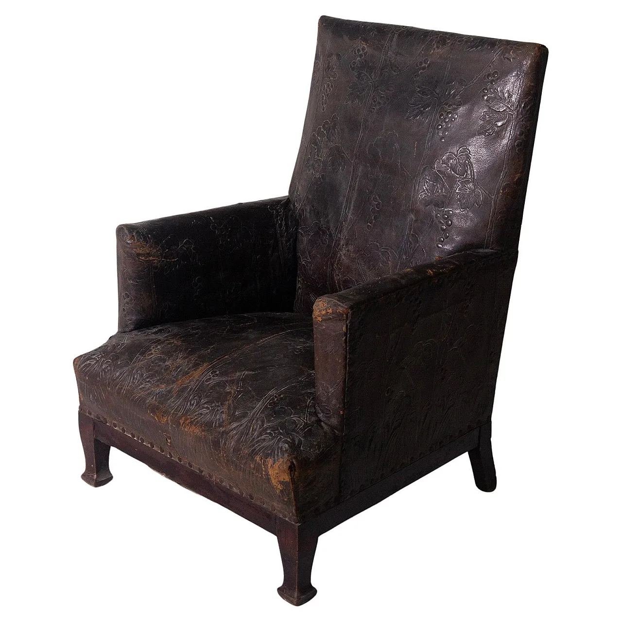 Art Nouveau leather armchair with floral decorations, 20th century 1