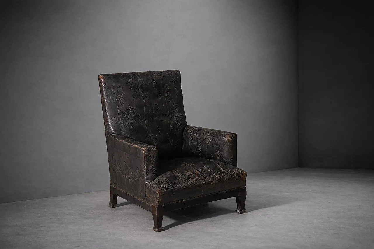 Art Nouveau leather armchair with floral decorations, 20th century 2