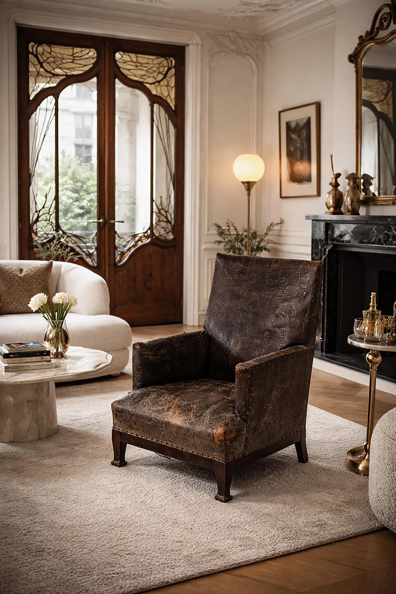 Art Nouveau leather armchair with floral decorations, 20th century 13