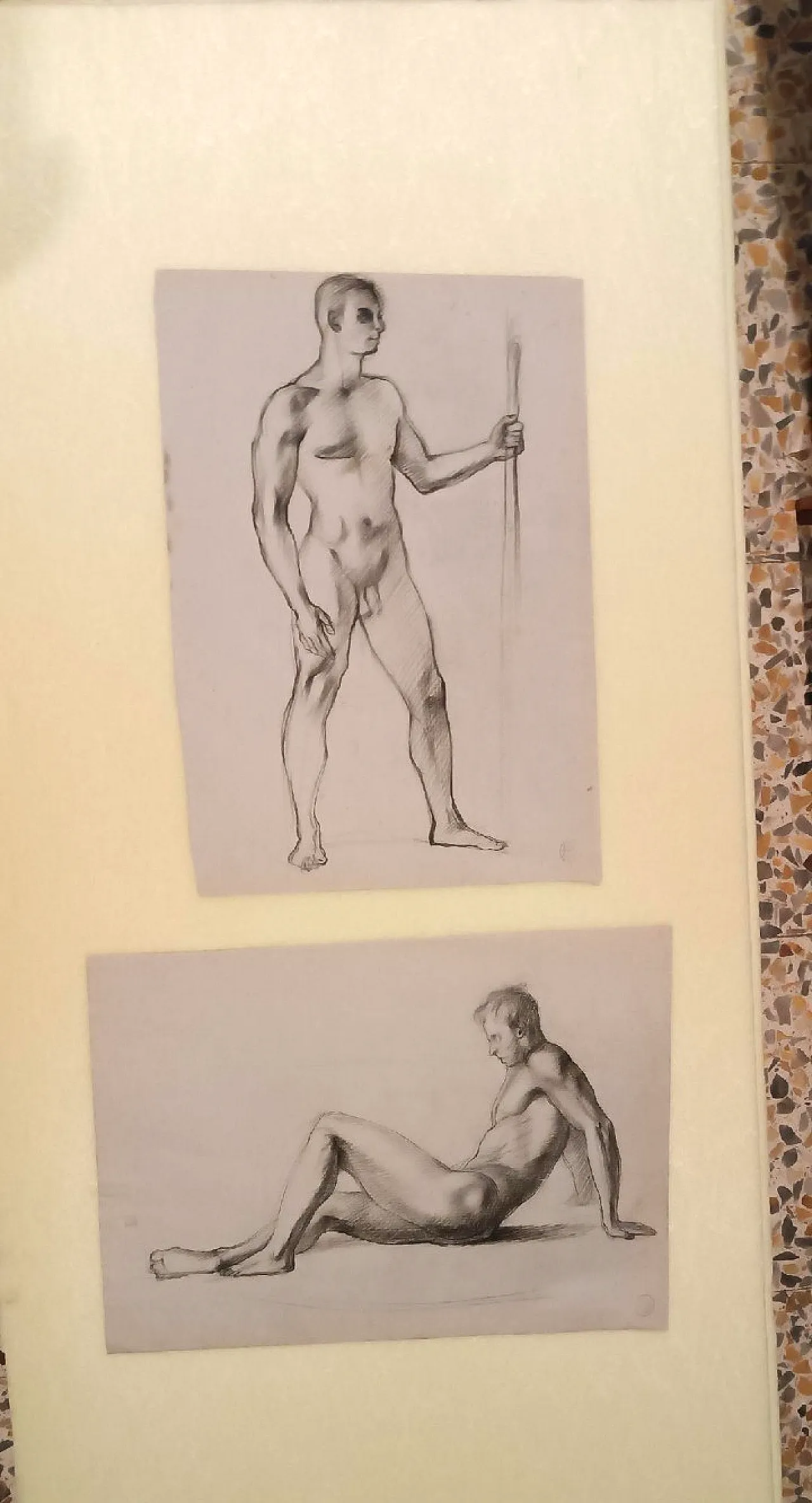 Coppia di nudi maschili, disegni a matita su carta, '900 1