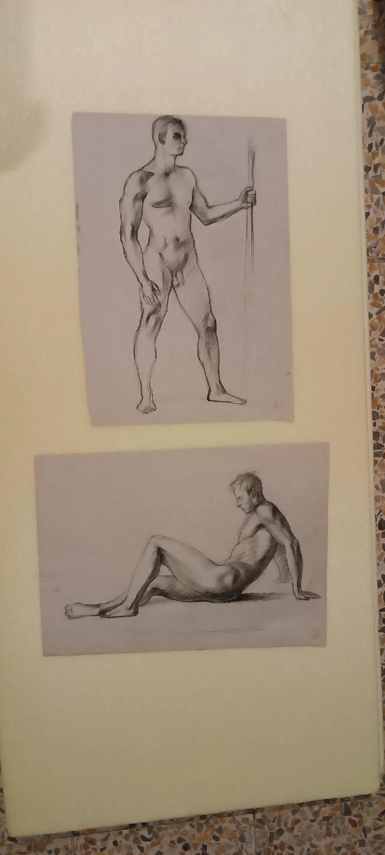 Coppia di nudi maschili, disegni a matita su carta, '900 2