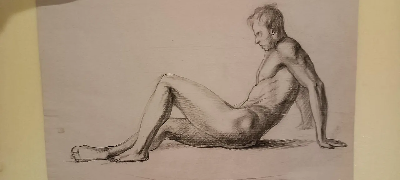 Coppia di nudi maschili, disegni a matita su carta, '900 6