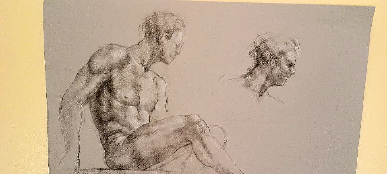 Coppia di nudi maschili, disegni a matita su carta, metà '900 9