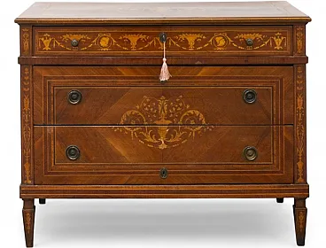 Comò Luigi XVI lastronato con varie essenze lignee, fine '800