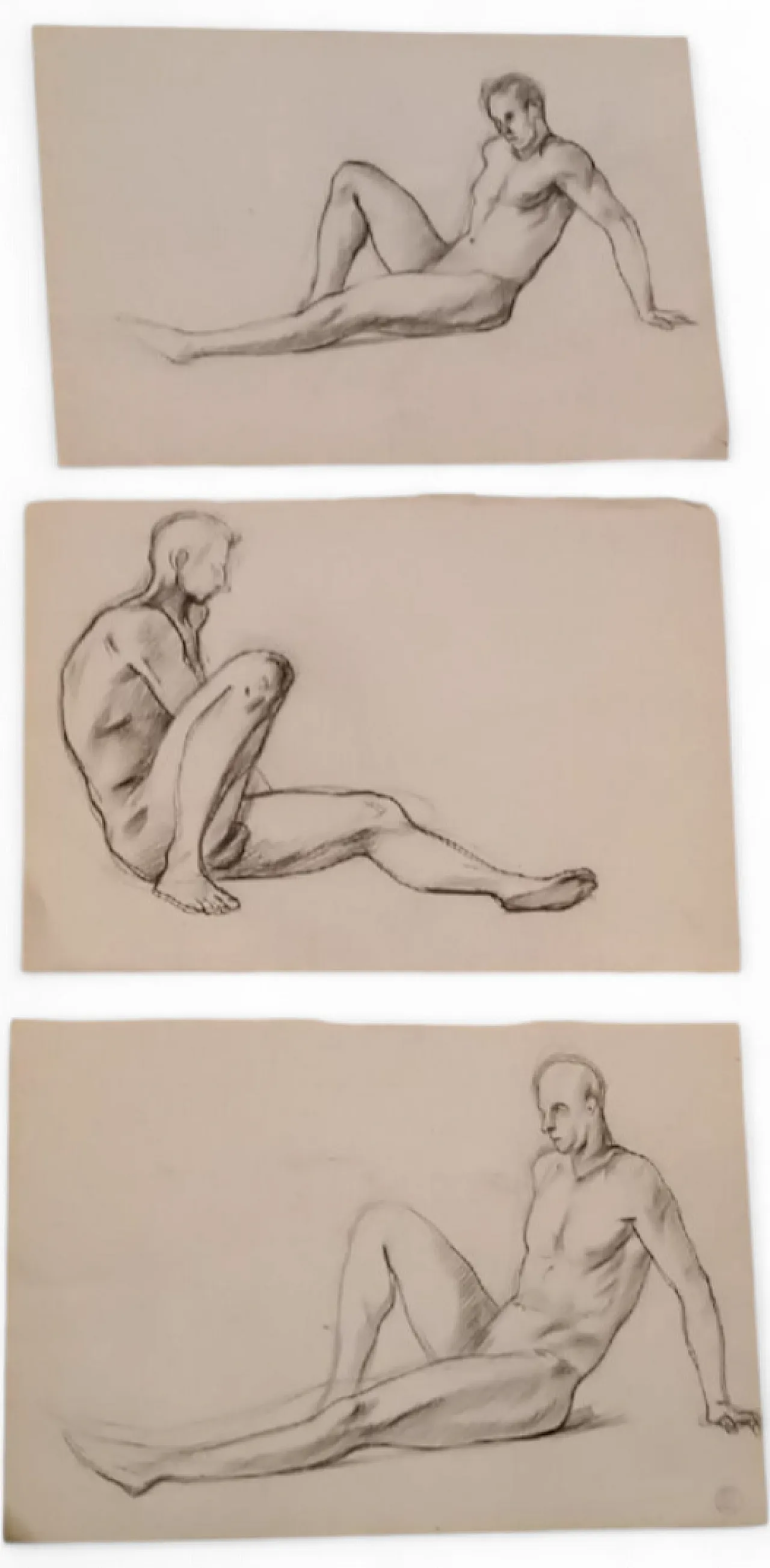 3 Nudi maschili, disegni a matita su carta, '900 12