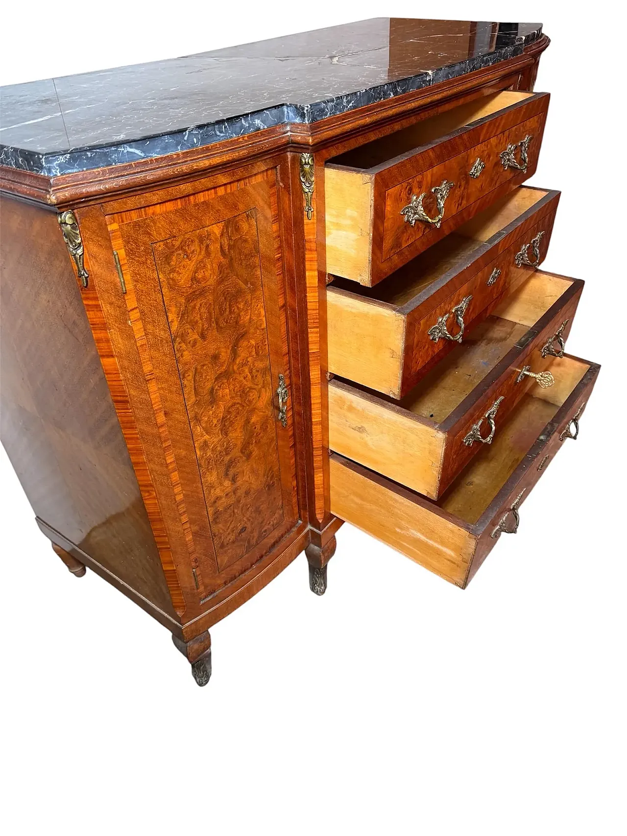 Walnut burl chest of drawers with 4 drawers and inlays, 1960s 11