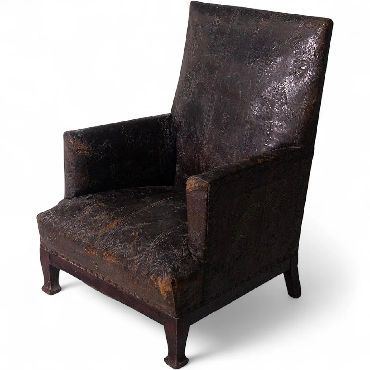 Art Nouveau leather armchair with floral decorations, 20th century 14