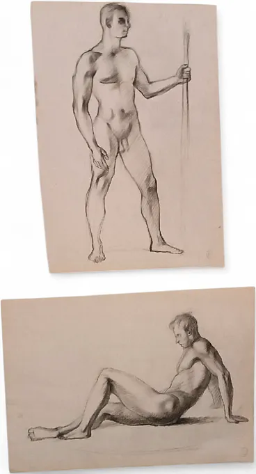 Coppia di nudi maschili, disegni a matita su carta, '900