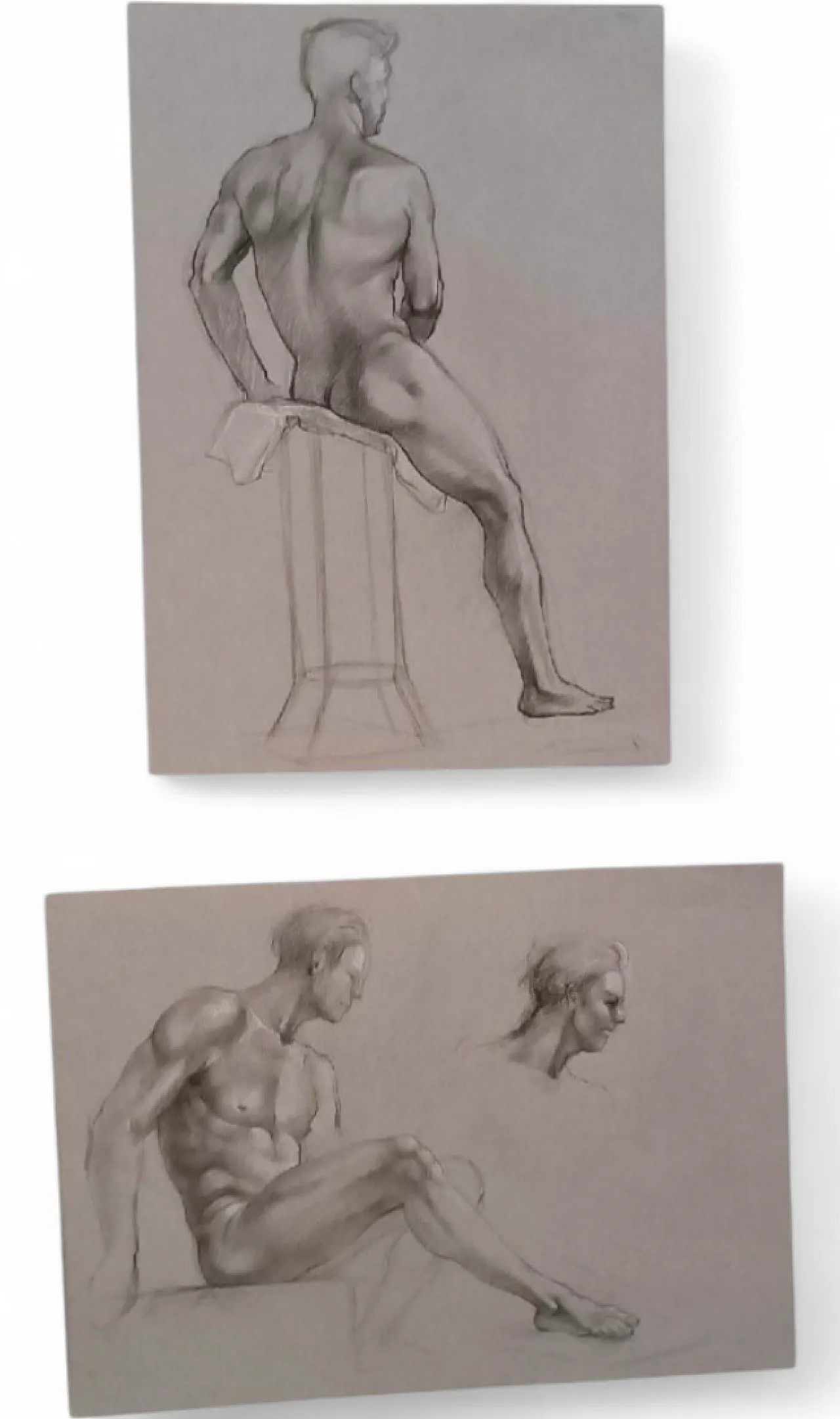 Coppia di nudi maschili, disegni a matita su carta, metà '900 10