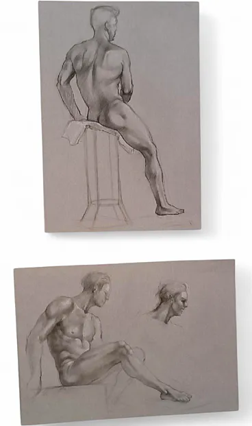 Coppia di nudi maschili, disegni a matita su carta, metà '900