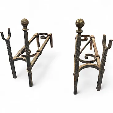 Pair of wrought iron andirons, 19th century