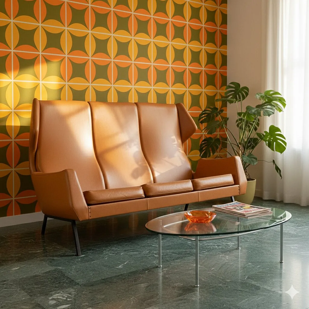 Divano a tre posti in espanso, skai e metallo smaltato, '900 2