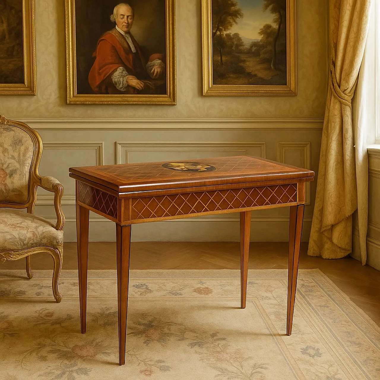 Tavolo da gioco impiallacciato in palissandro e mogano, '700 2