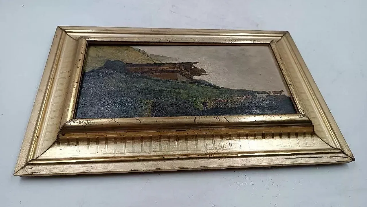 Paesaggio montano con baita e gregge, olio su cartoncino, '800 3