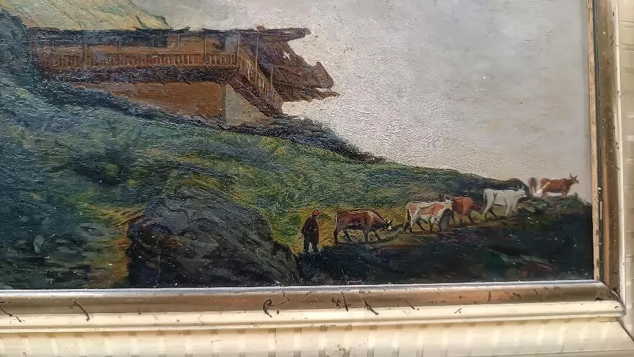 Paesaggio montano con baita e gregge, olio su cartoncino, '800 5