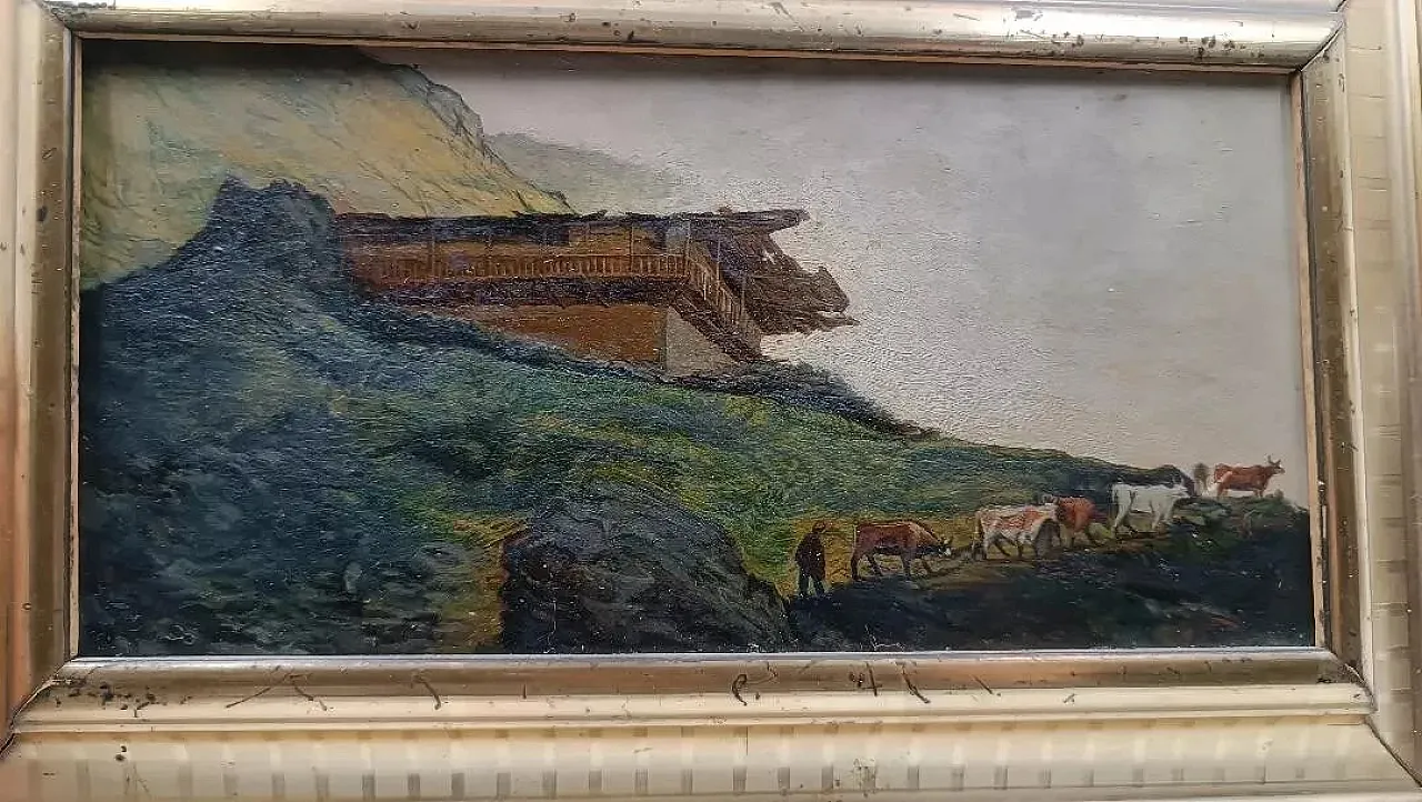 Paesaggio montano con baita e gregge, olio su cartoncino, '800 6