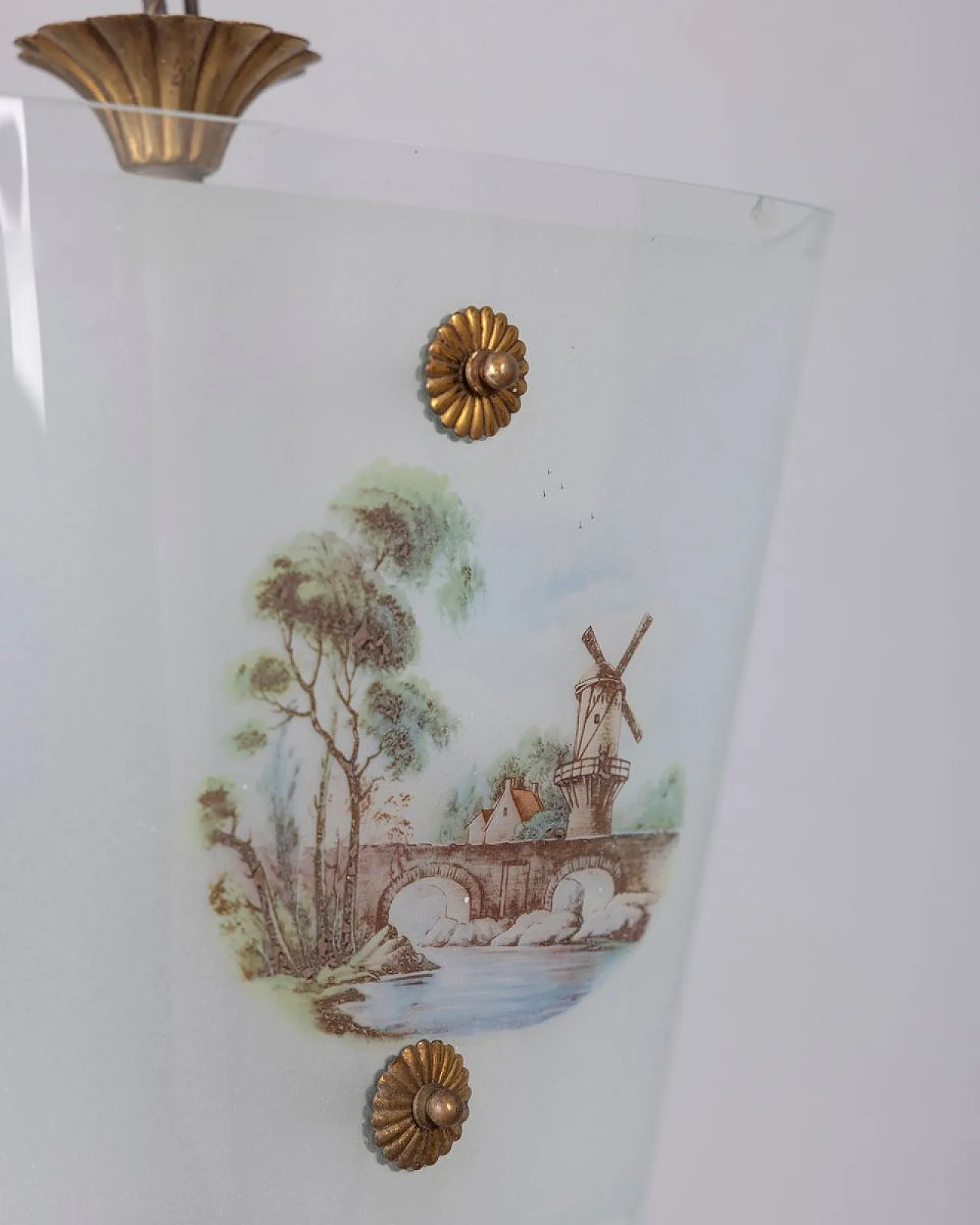 Lampada a sospensione in vetro decorato, anni '50 3