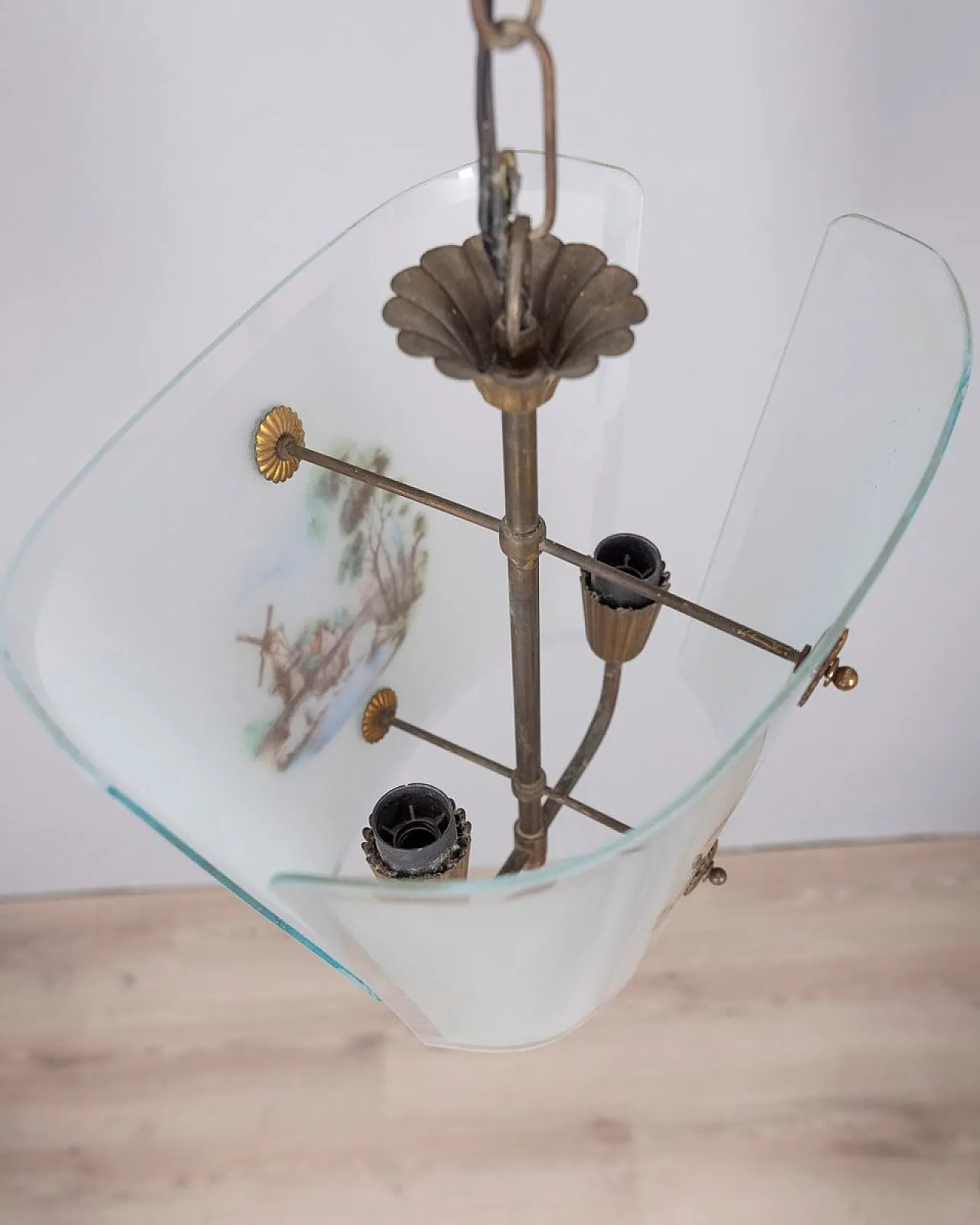 Lampada a sospensione in vetro decorato, anni '50 8